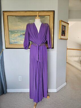 Vintage 1940s Purple Crepe Beaded Gown with Belt Dress Size L